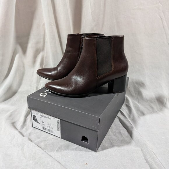 ECCO Pointy Brandy Coloured Ankle Boots With Zipper Block Heel Women's 7 - 7.5 - Picture 2 of 8